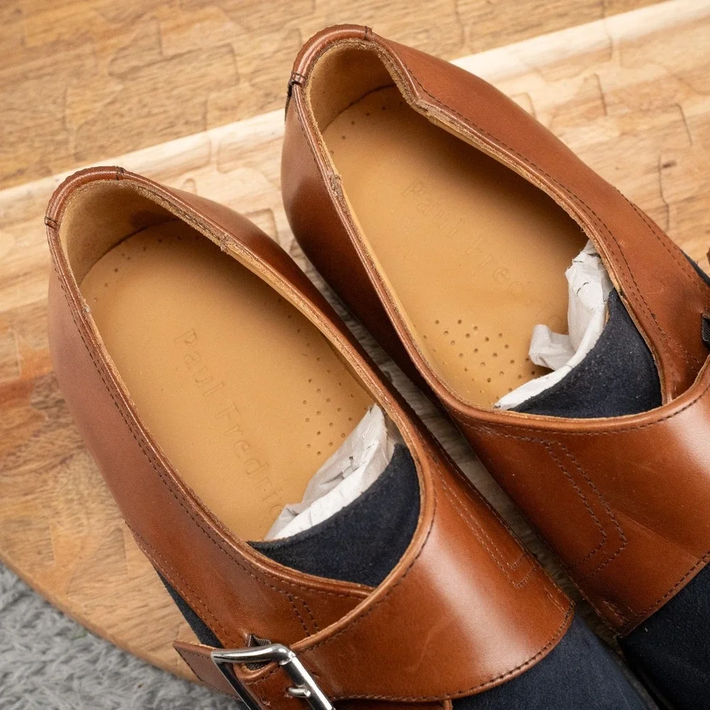 Paul Fredrick Monk Strap Navy Suede Cognac Leather Dress Shoe Size 8.5